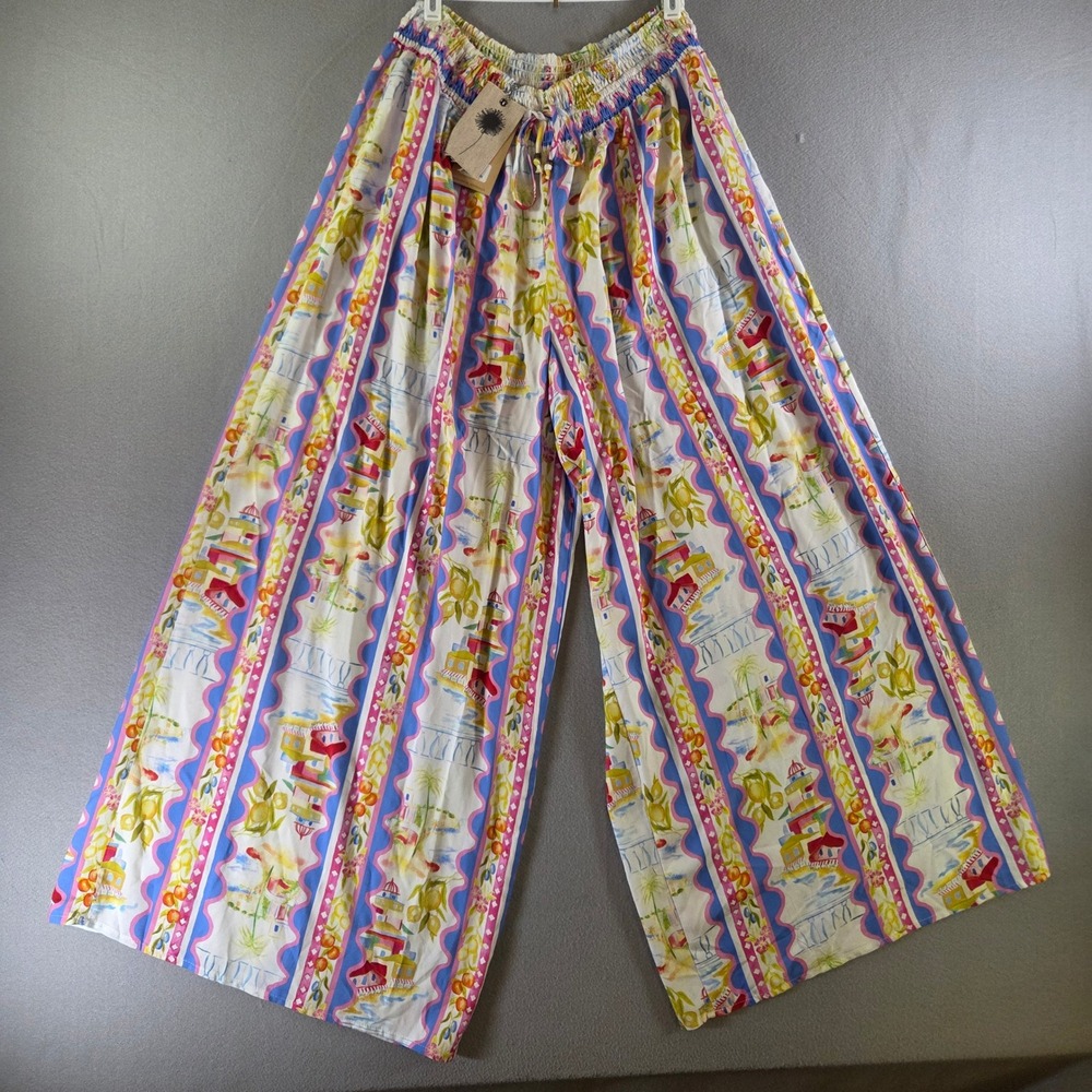 Label of Love Wavey Stripe Wide Leg Pants Smocked Waist Coastal Print L NWT Boho